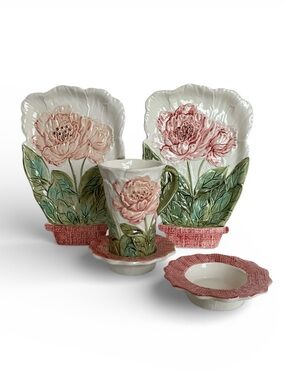 Lenwile Ardalt Majolica Pink Peony Floral Ceramic Mug and Saucer Set
